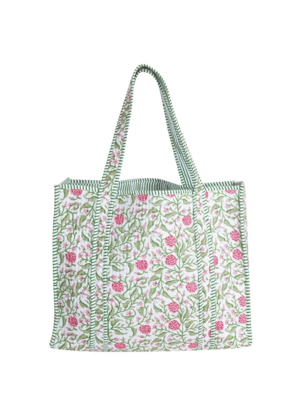 Cotton Floral Block Print Tote Bag Handmade Indian Shoulder Bag, Qiulted Market
